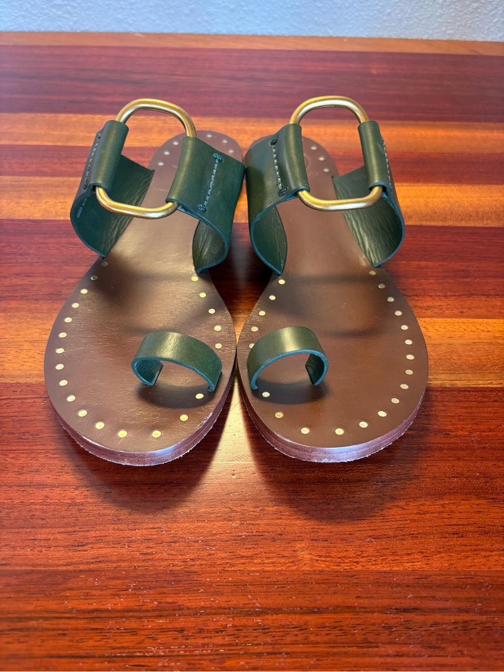 Tory Burch Brannan Studded Sandals in Olive Green Leather with Gold Hardware - Picture 2 of 14